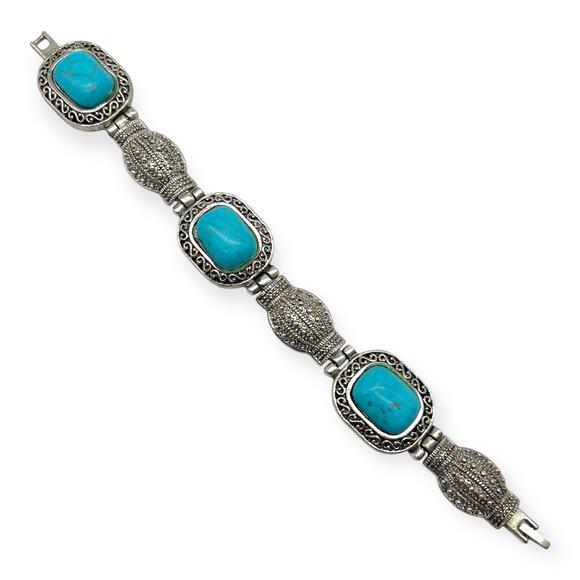Vintage Balinese Bracelet Turquoise Blue Silver Square Shape Precious Howlite - Picture 13 of 13